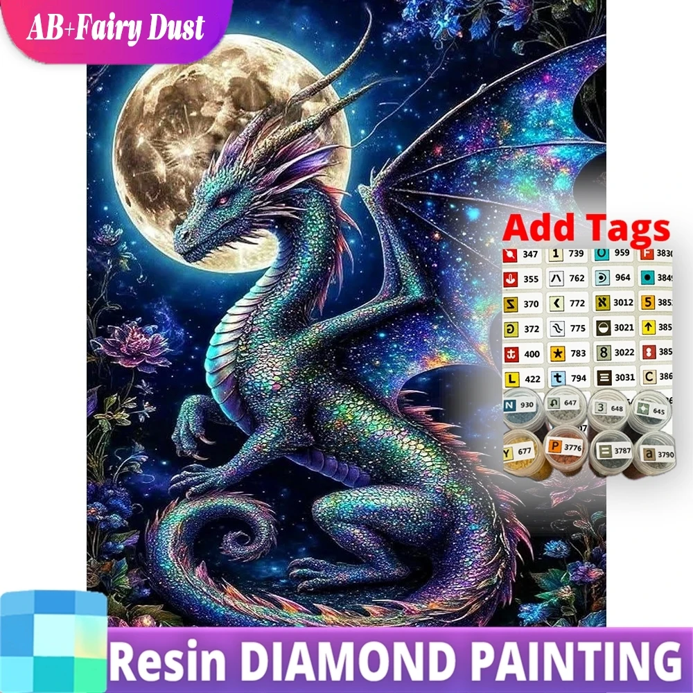 Resin AB Fairy Dust Dinosaur Diamond Painting Animal New Arrival Full Square Round Mosaic Moon DIY Embroidery Dragon Home Decor