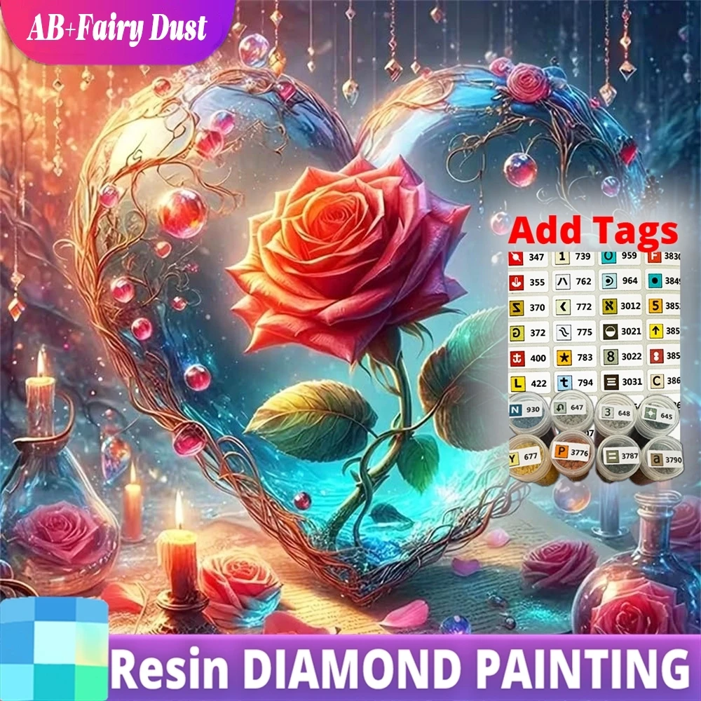 Resin AB Fairy Dust 5D DIY Diamond Painting Rose Flower Cross Stitch Kits Mosaic Love Heart Suitable for Beginners Holiday Gifts