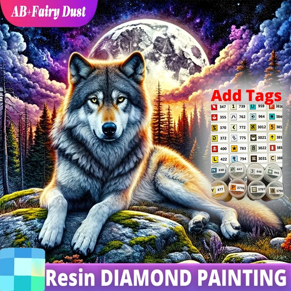 Resin AB Fairy Dust New Arrival Diamond Embroidery Wolf Painting Dog Animal DIY Tree Mosaic Moon Picture Rhinestones Wall Decor